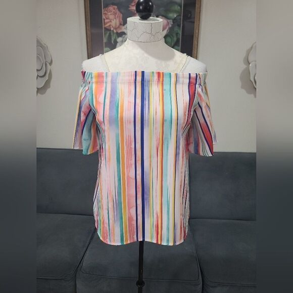 Do + BE Colorful Off Shoulder Silky Vertical Stripes Top - Picture 4 of 14